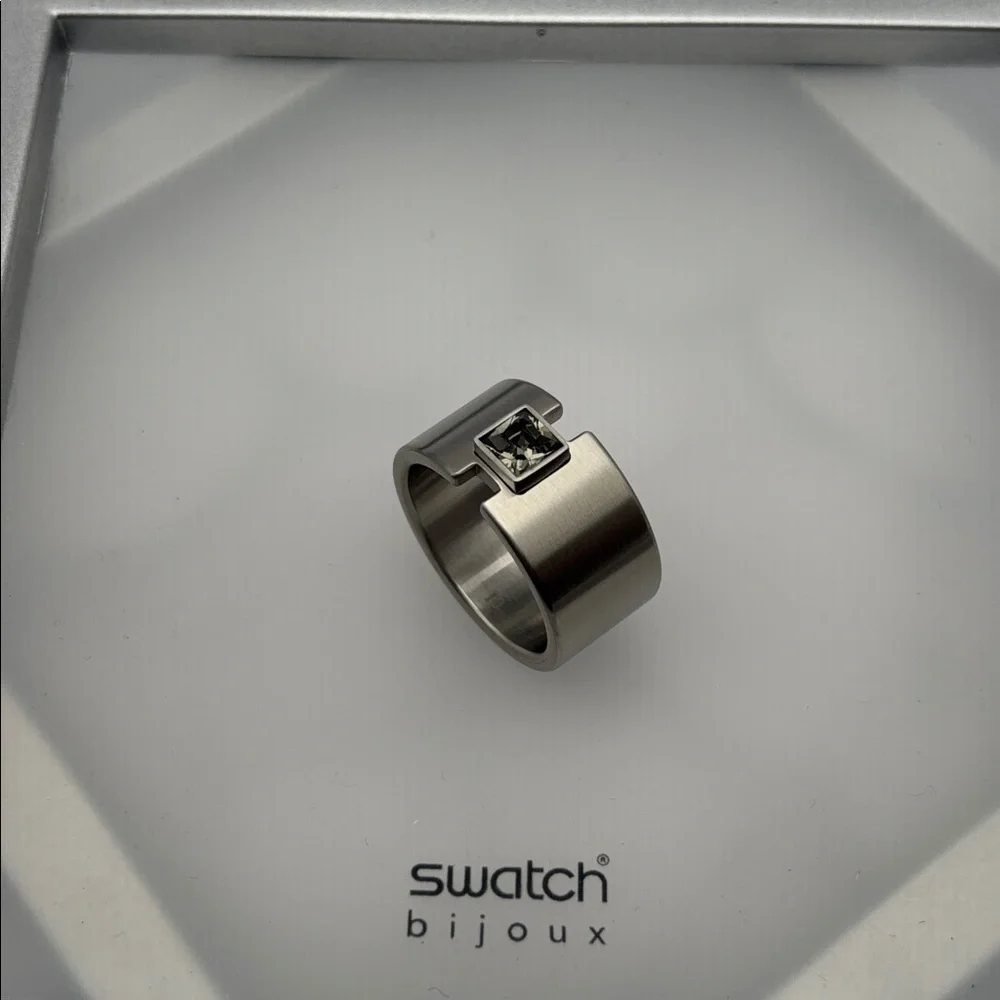 Swatch Bijoux Topic Path Stainless Steel & Smokey Crystal Ring - size 10